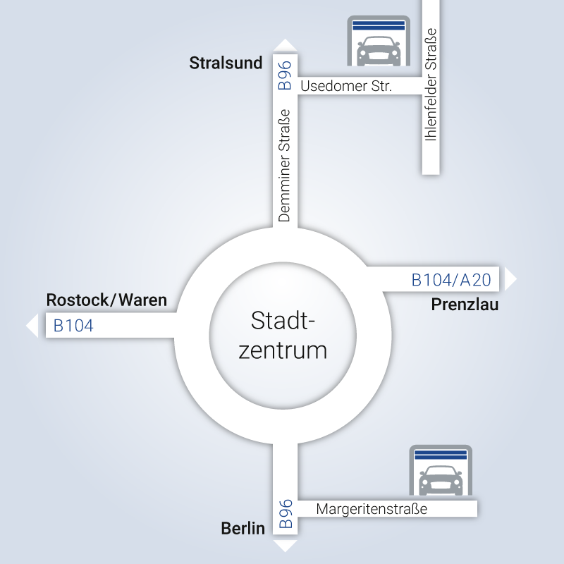 Karte mit Darstellung der Standorte der Mietgaragen in Neubrandenburg